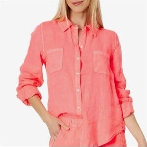 Lilly Pulitzer Sea View Linen Button Down Top in a coral/pink color
